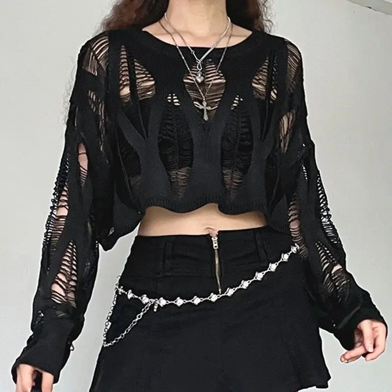 Black Hollow Out Knitted Top - 3