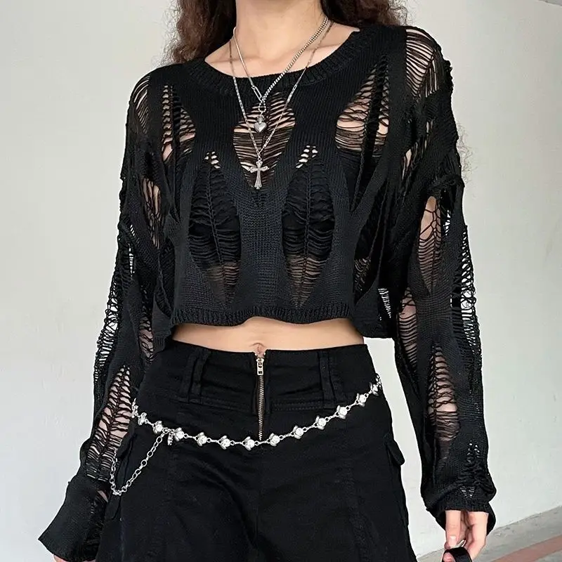 Black Hollow Out Knitted Top - 1