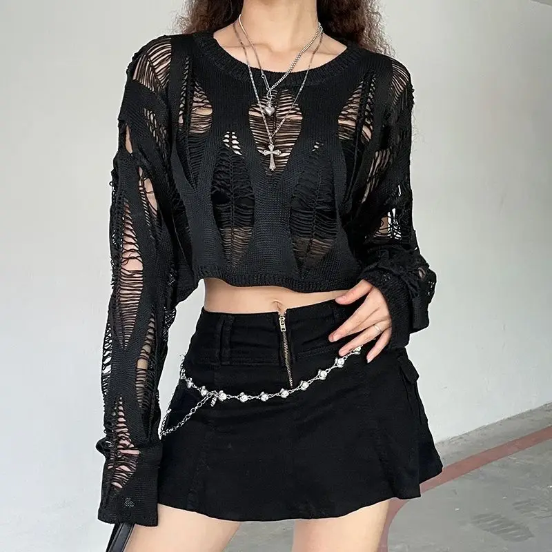 Black Hollow Out Knitted Top - 2