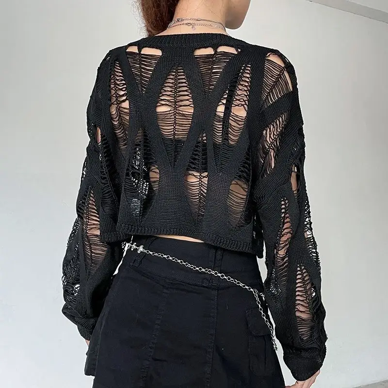 Black Hollow Out Knitted Top - 4