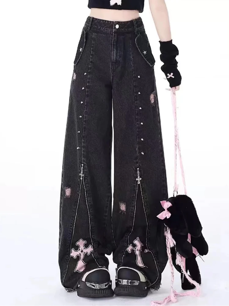 Gothic acubi oversize jeans with crosses - 1