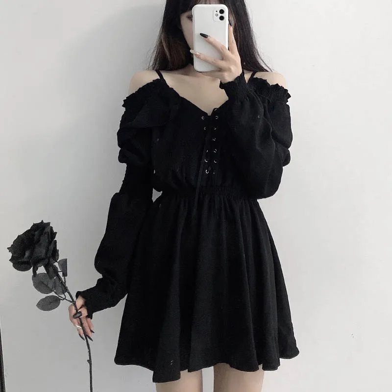 Gothic Black Off Shoulder Dress - 1