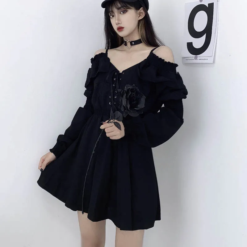 Gothic Black Off Shoulder Dress - 2