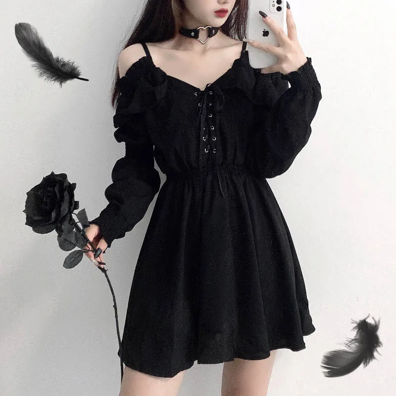 Gothic Black Off Shoulder Dress - 6