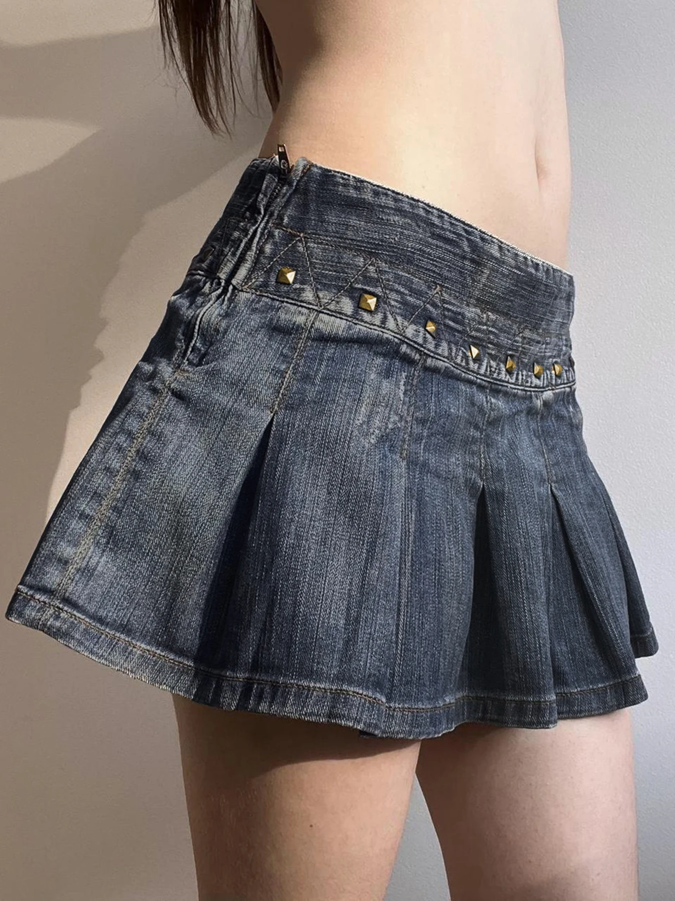 Y2K Denim Mini Skirt with Rivets - 3