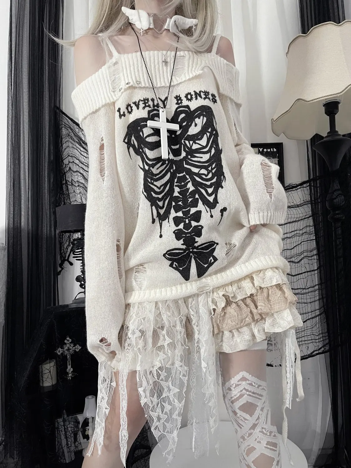 Knitted White Pullover with Skeleton - 2