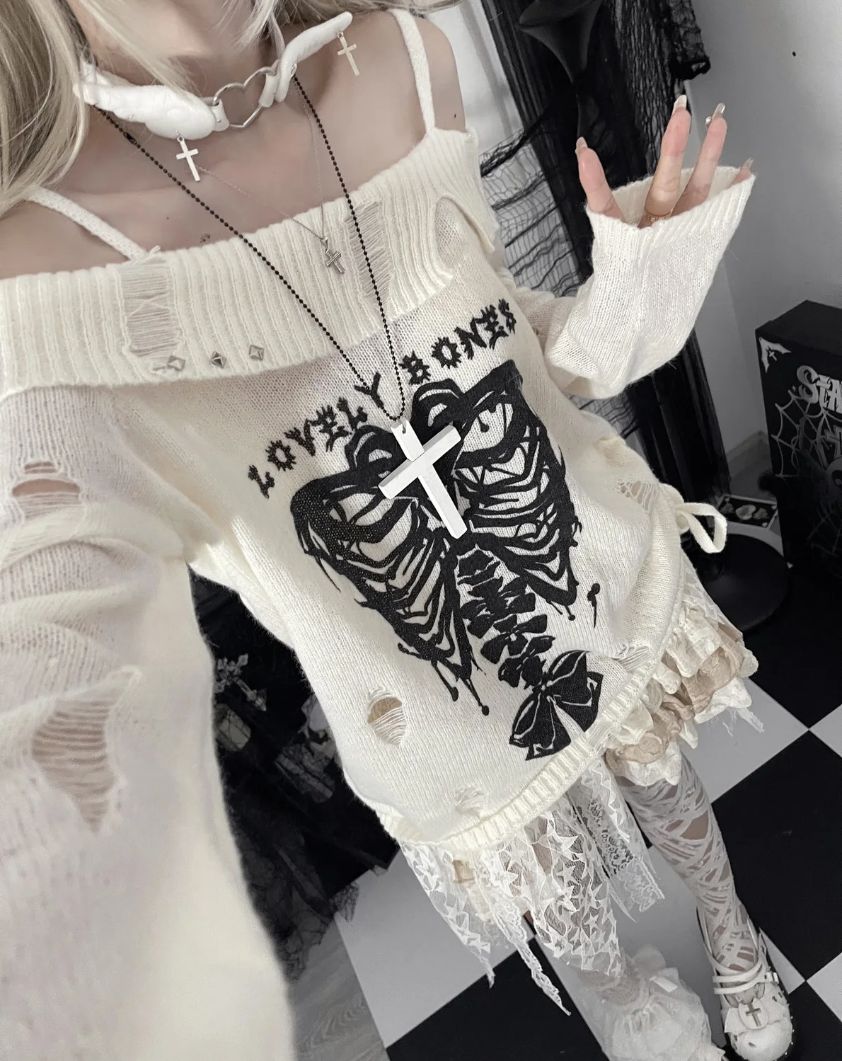 Knitted White Pullover with Skeleton - 3