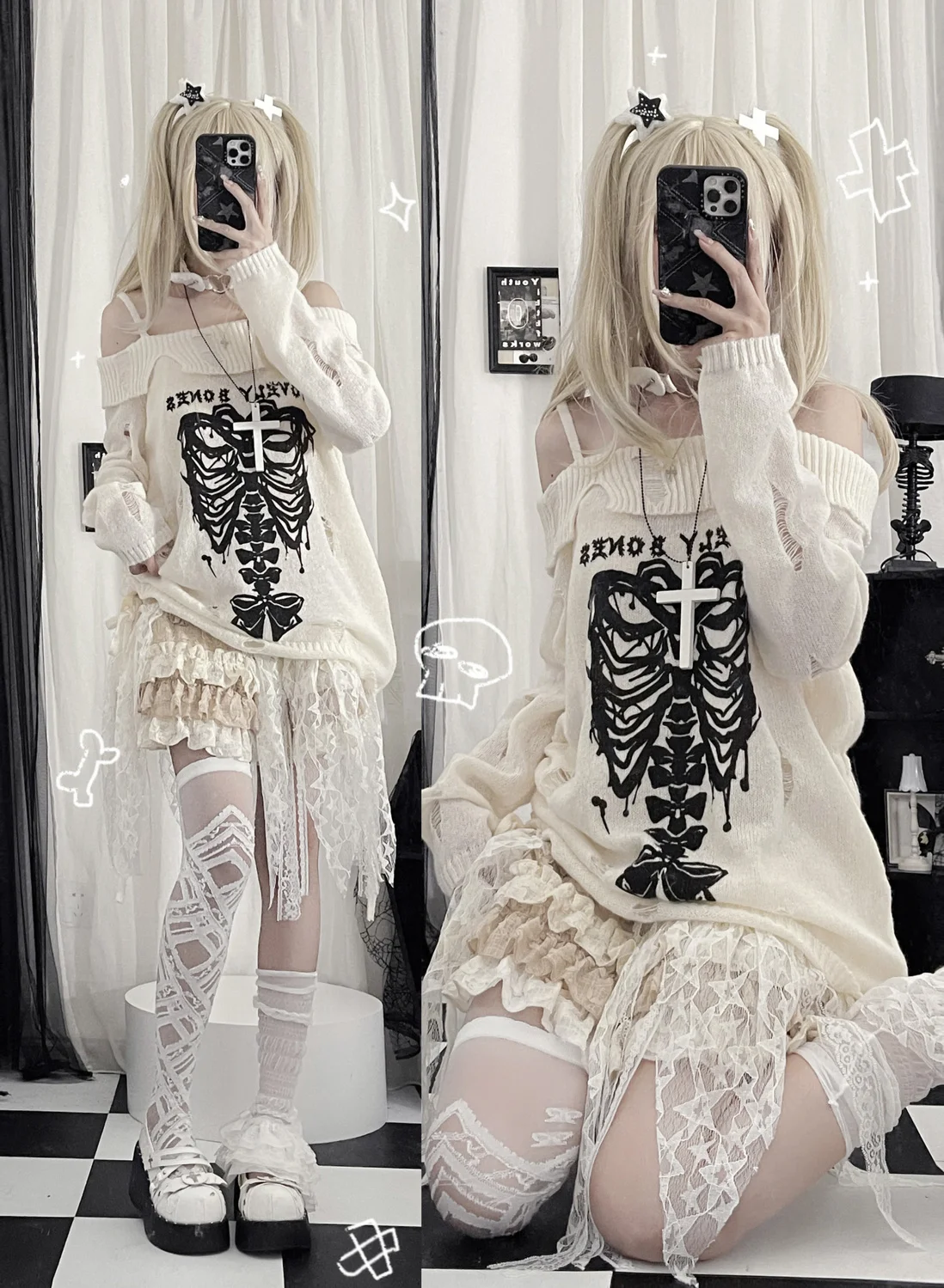 Knitted White Pullover with Skeleton - 7