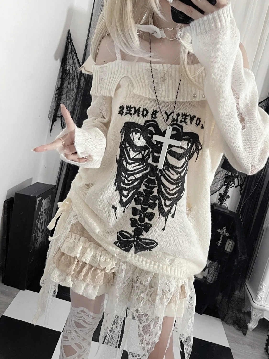 Knitted White Pullover with Skeleton - 1