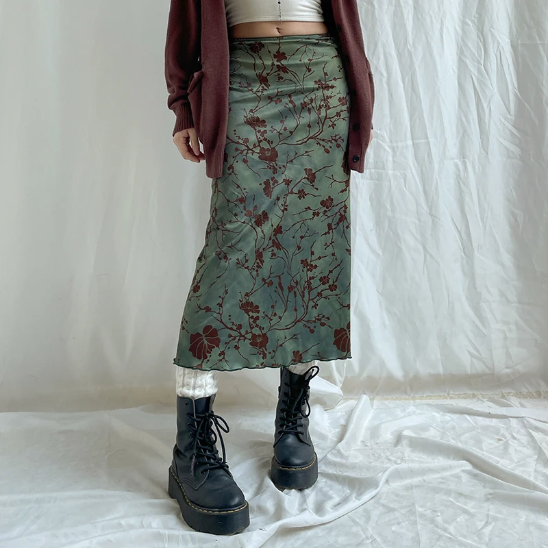 Y2K Floral Print Long Skirt - 4