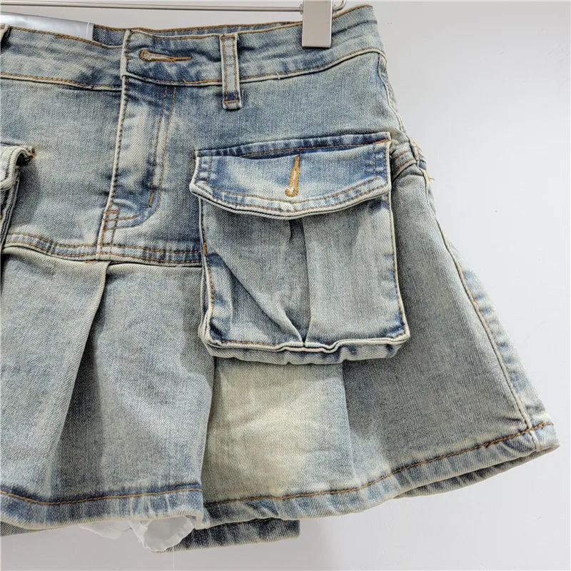 Denim Pleated Mini Skirts - 5