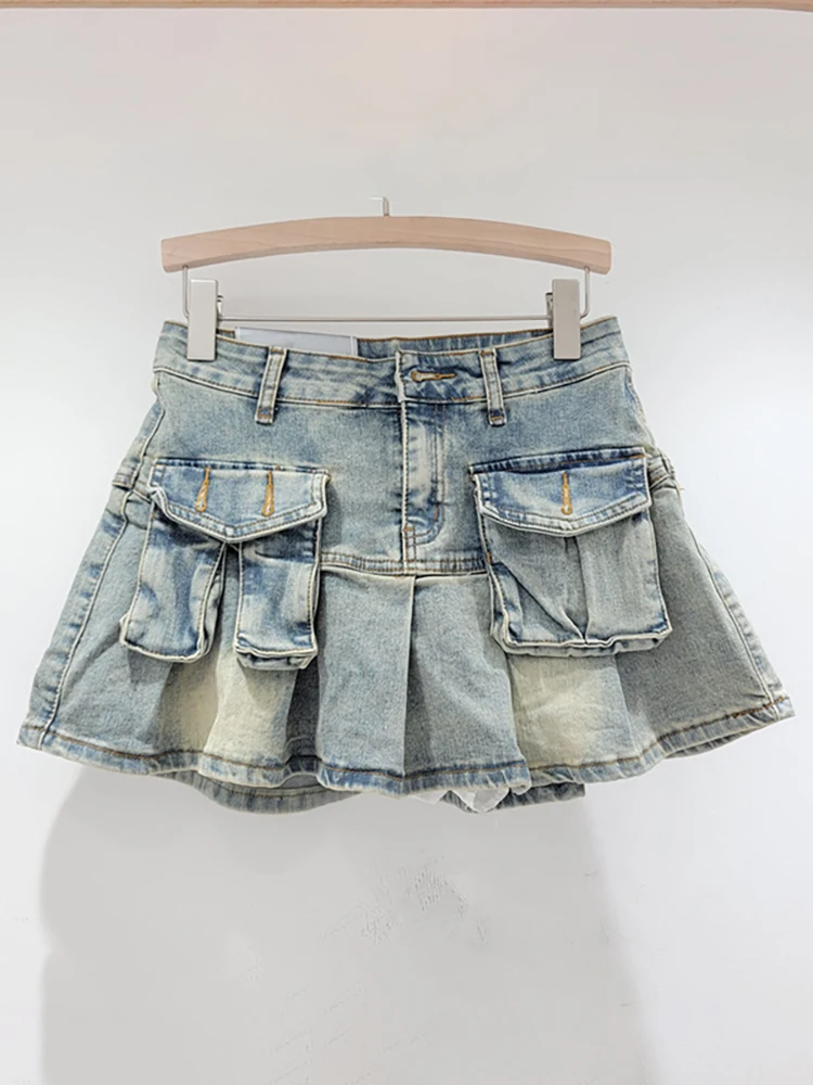 Denim Pleated Mini Skirts - 2