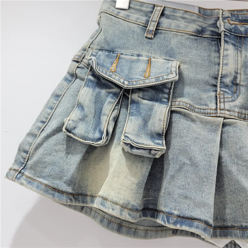 Denim Pleated Mini Skirts - 6