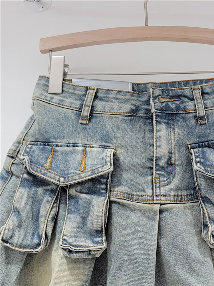 Denim Pleated Mini Skirts - 4