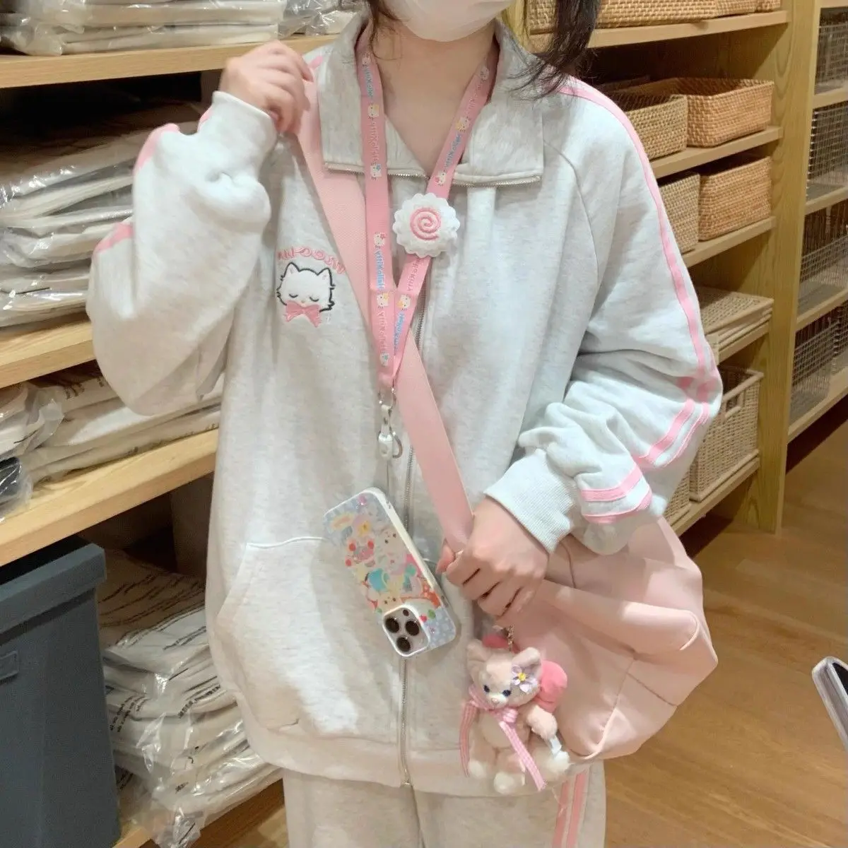 Kawaii Hoodie with Pink Cat Embroidery - 2