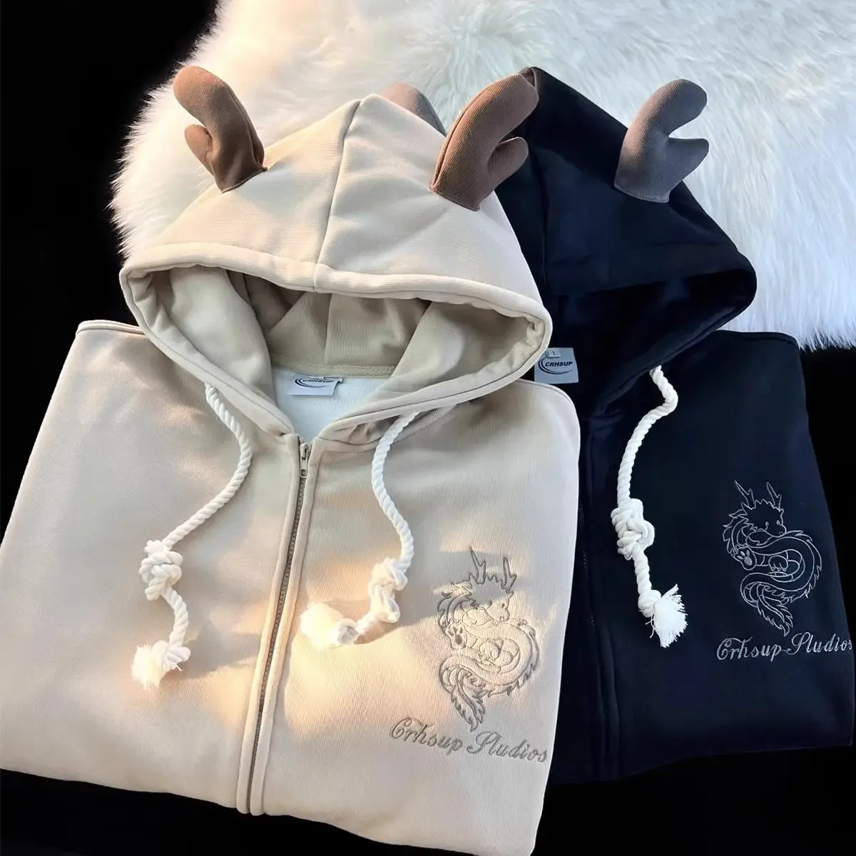 Dragon embroidered hoodie with horns