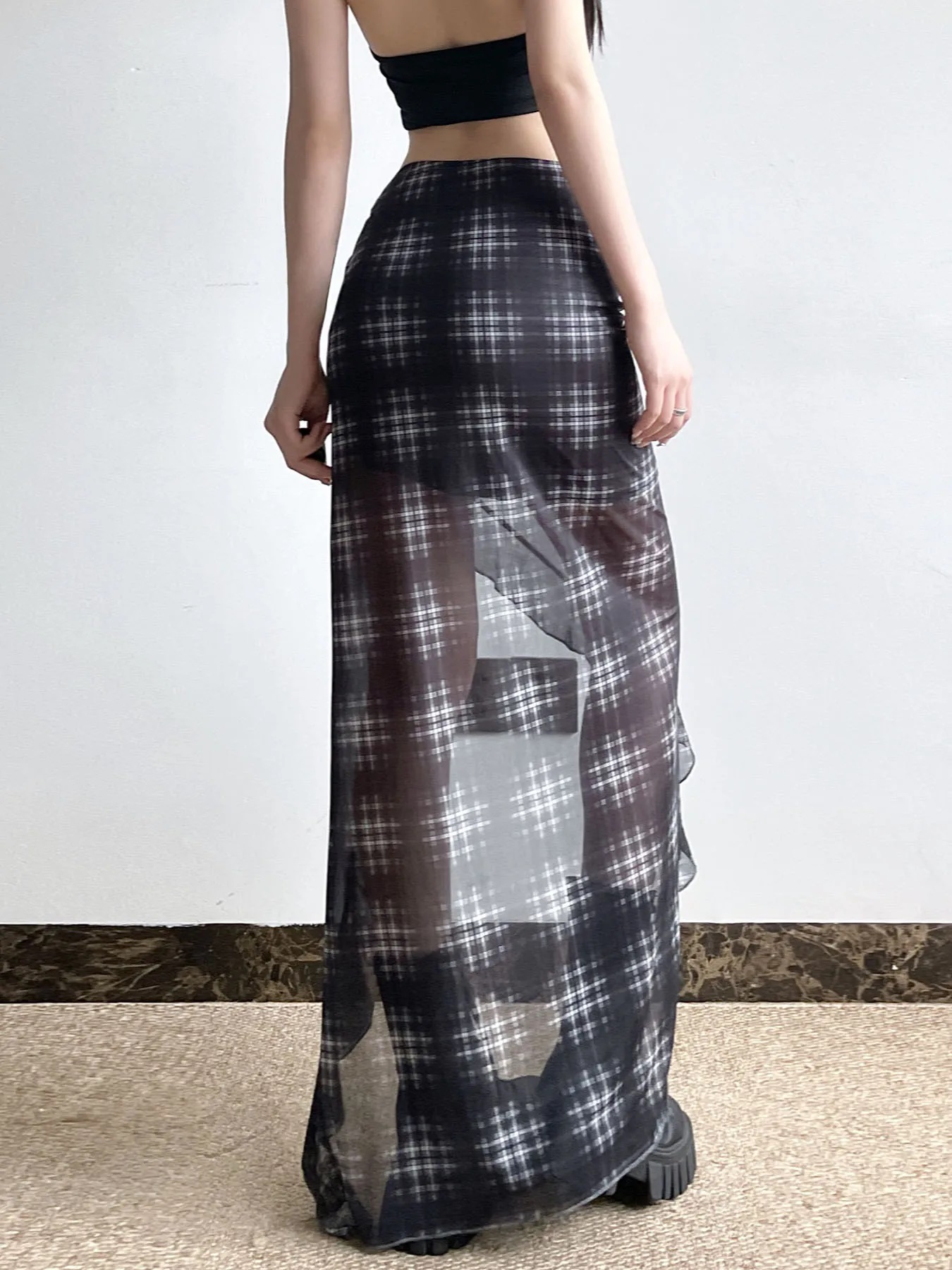 Plaid Maxi Transparent Skirt - 4