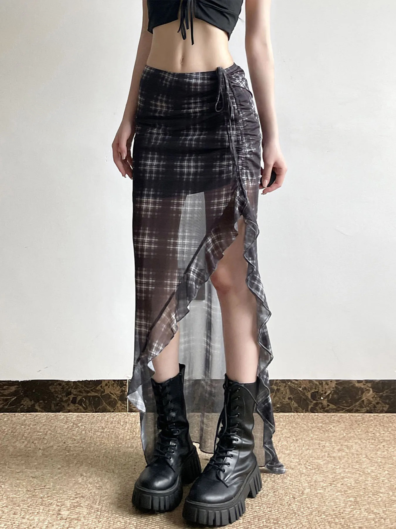 Plaid Maxi Transparent Skirt - 2