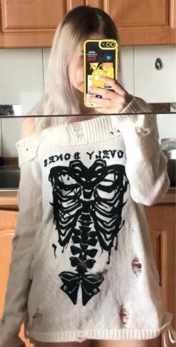 Knitted White Pullover with Skeleton photo review