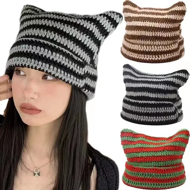 Cat Ears Striped Beanie Hats - 4