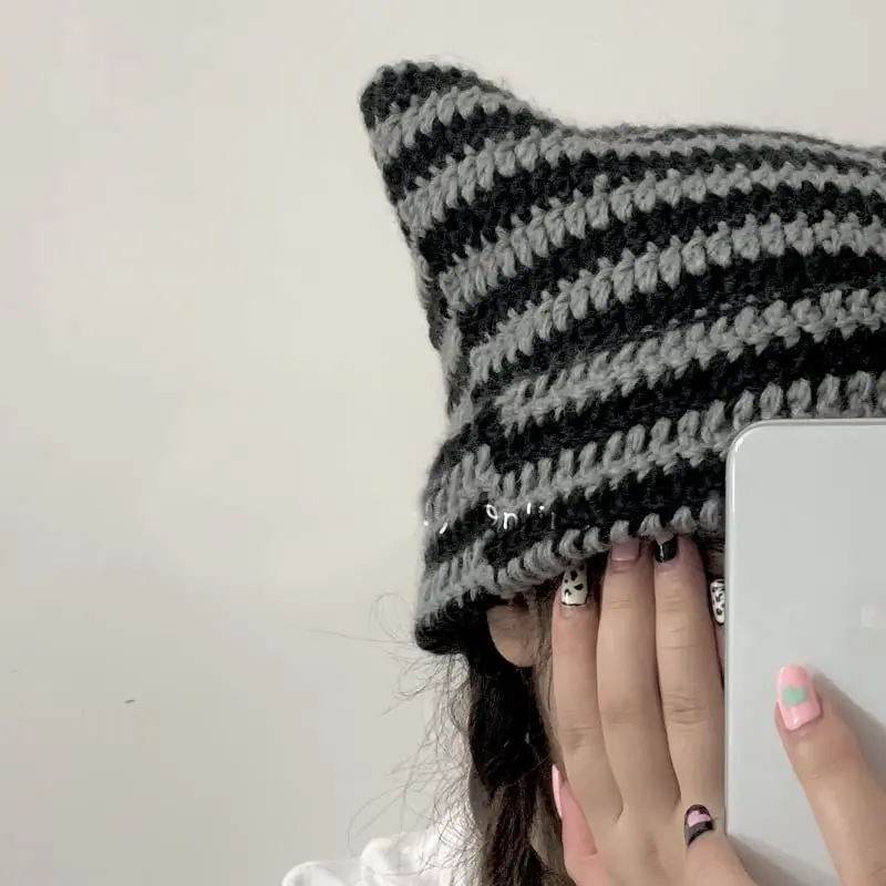 Cat Ears Striped Beanie Hats - 2