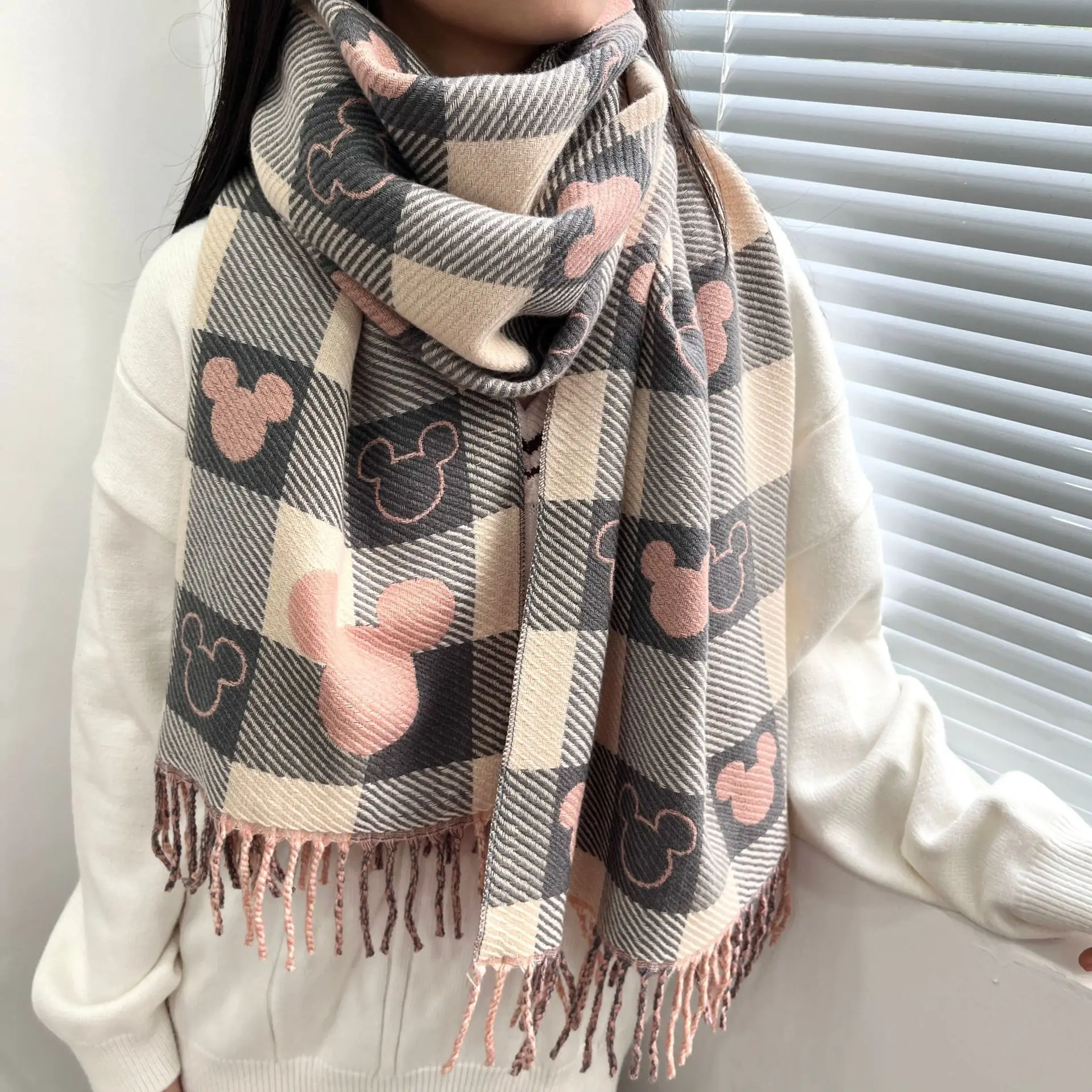 Trendy cartoon print checkered pattern scarf - 5