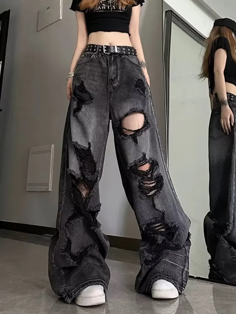 Trendy Wide Leg Jeans with holes - 4