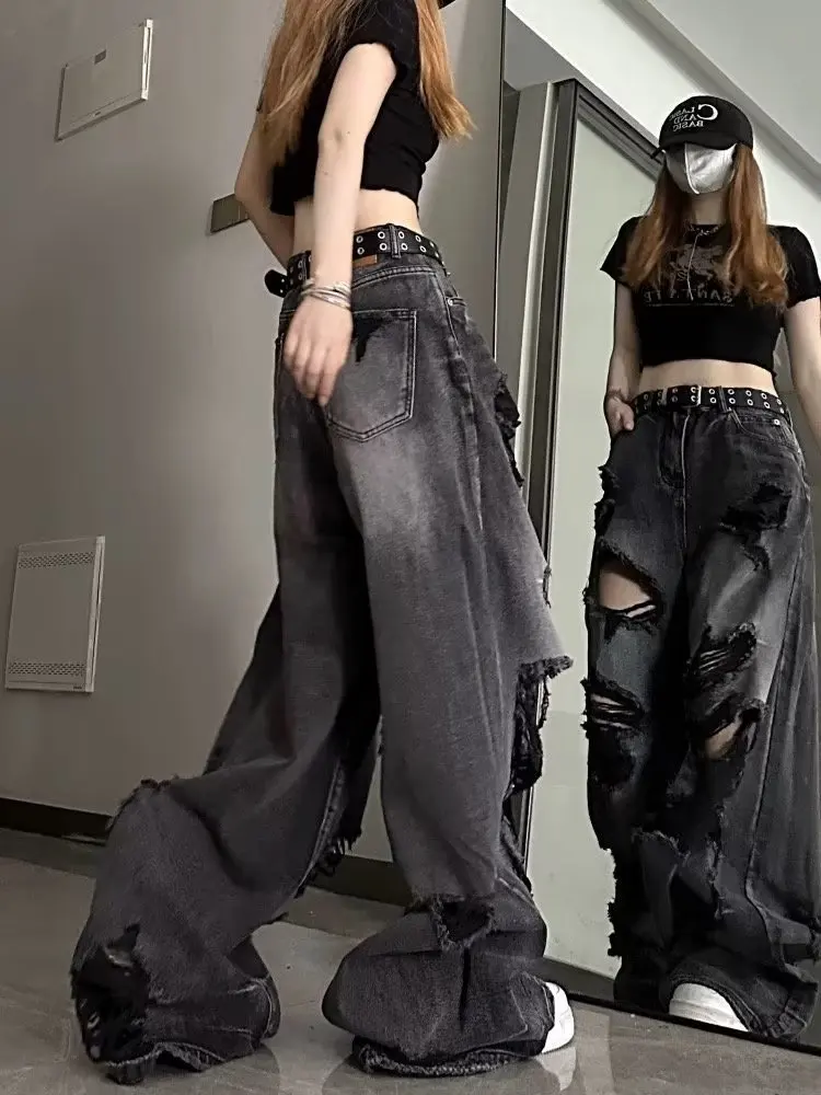 Trendy Wide Leg Jeans with holes - 3