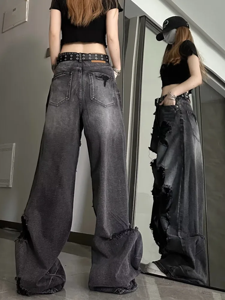 Trendy Wide Leg Jeans with holes - 2