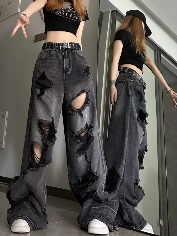 Trendy Wide Leg Jeans with holes - 1