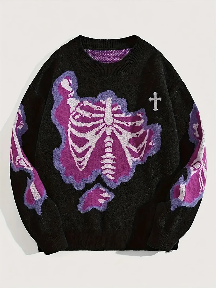 Sweater with Skeleton and Cross Print - 7