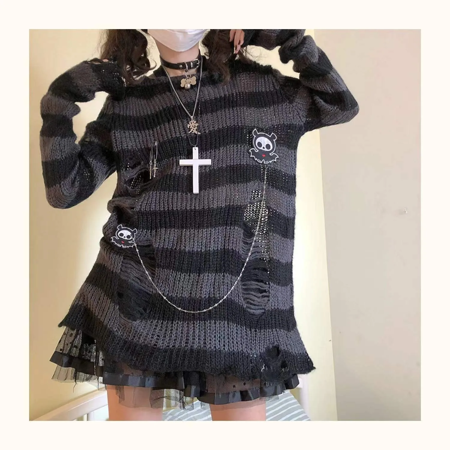 Grunge Striped Ripped Sweaters - 14