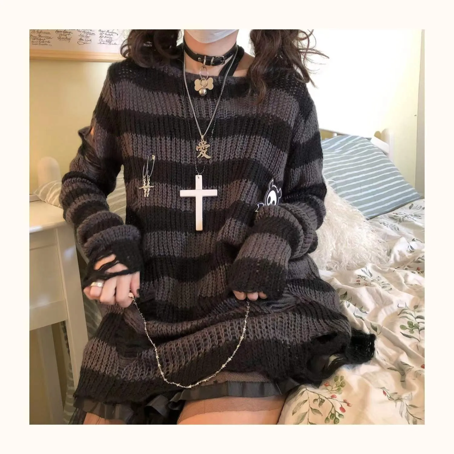 Grunge Striped Ripped Sweaters - 11