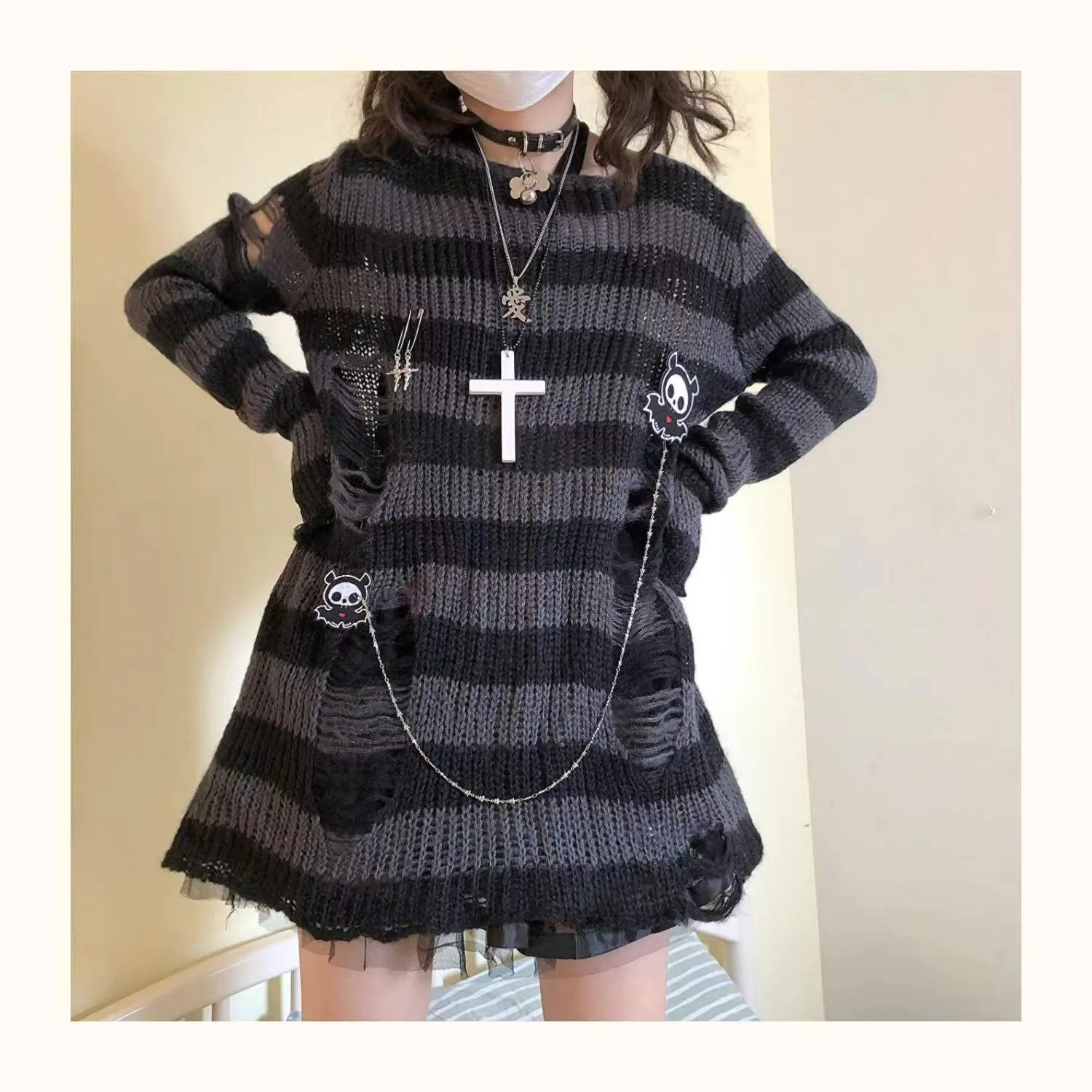 Grunge Striped Ripped Sweaters - 15