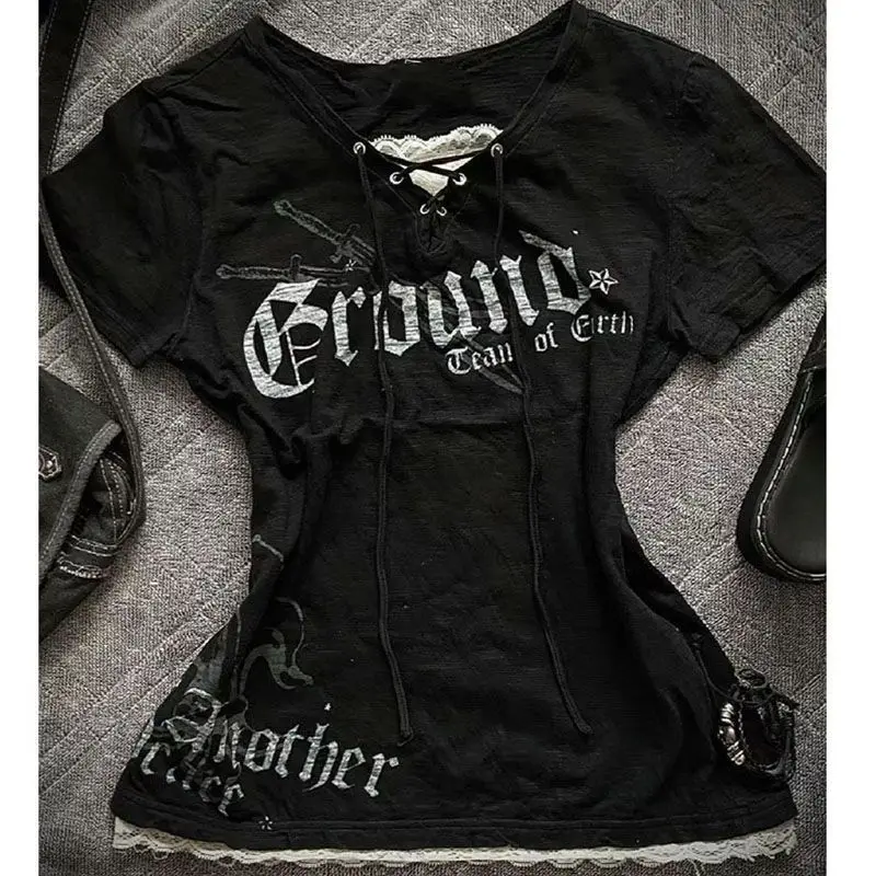 Y2k T-shirt Grunge Gothic Letter Printing - 1