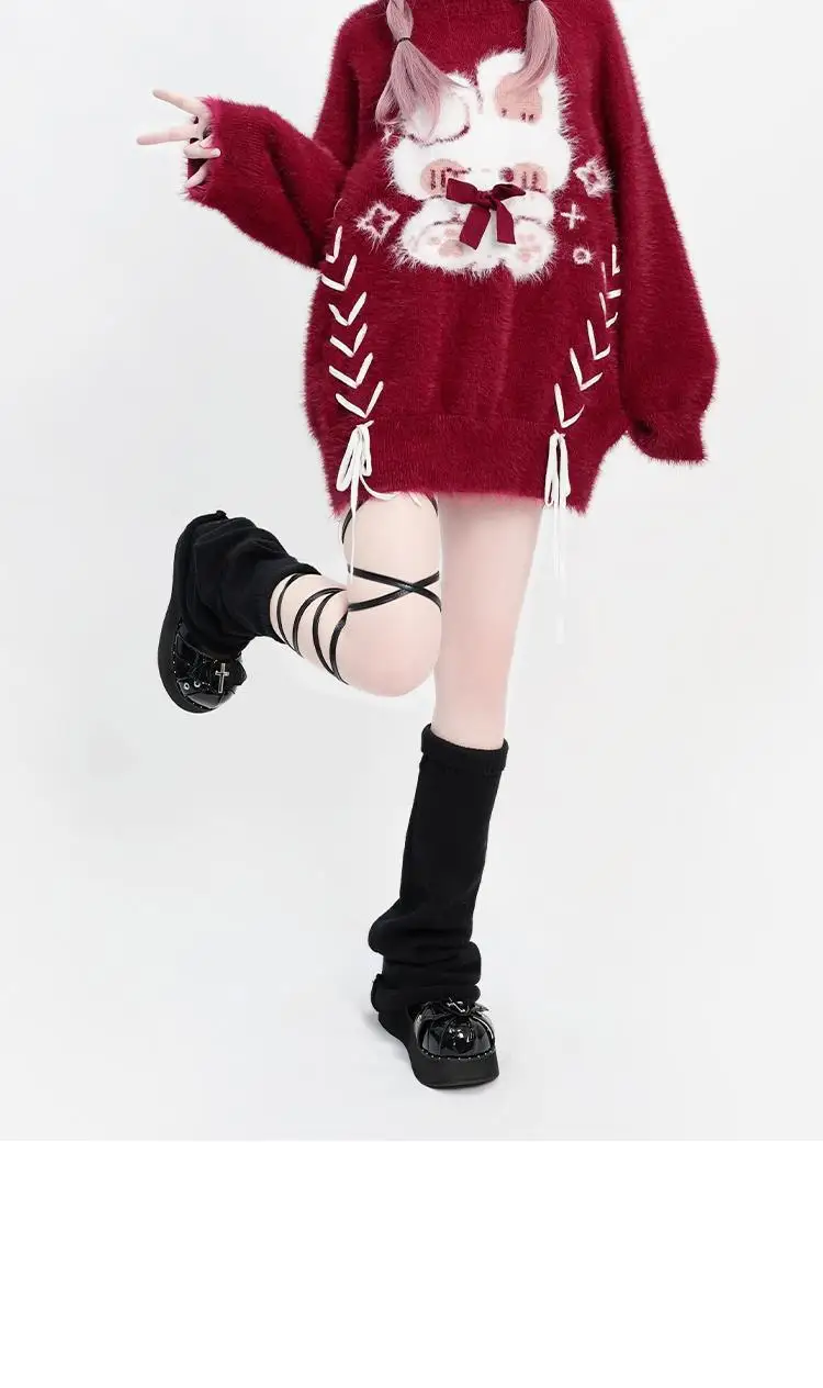 Kawaii Rabbit Red Lace Up Sweater - 5