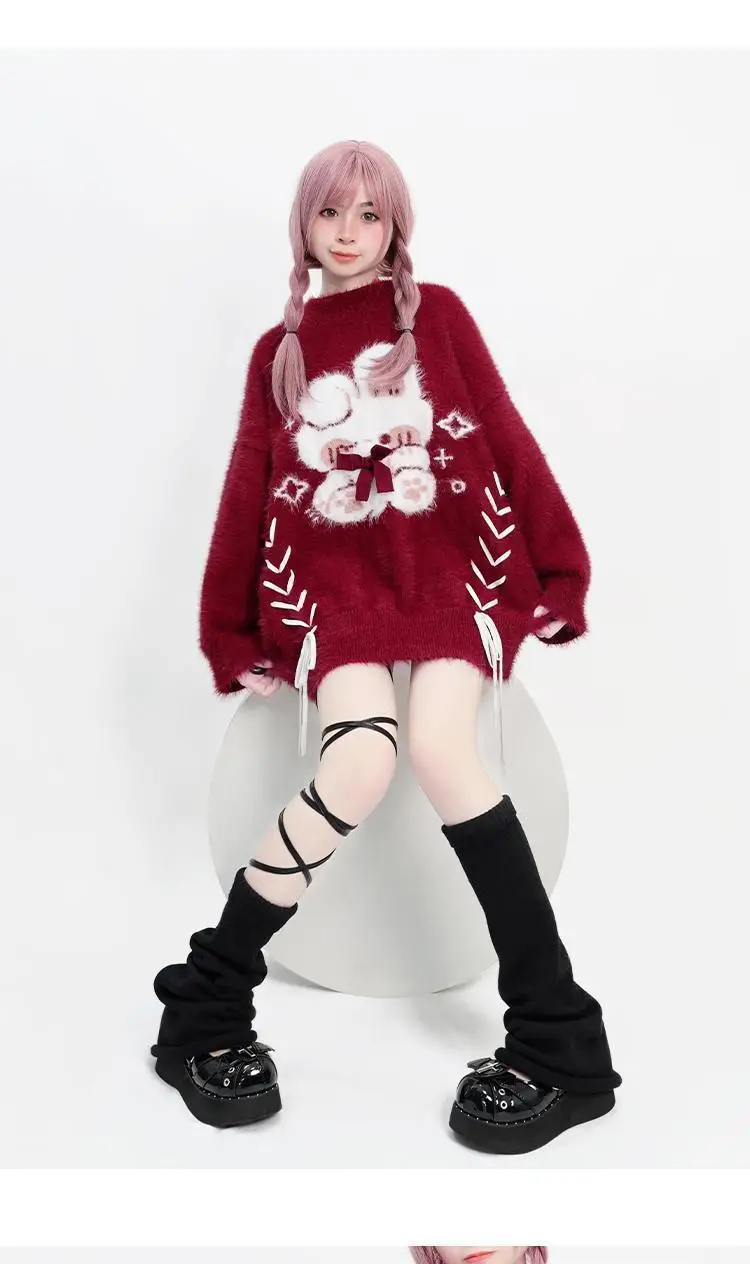 Kawaii Rabbit Red Lace Up Sweater - 3