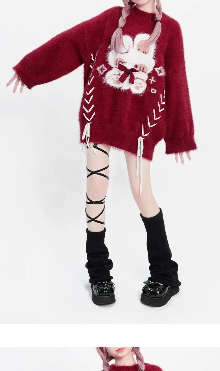 Kawaii Rabbit Red Lace Up Sweater - 4