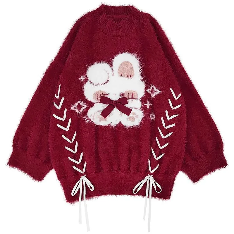 Kawaii Rabbit Red Lace Up Sweater - 1