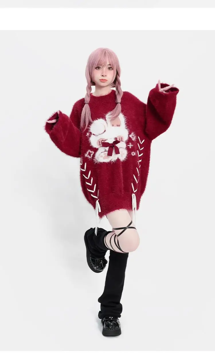 Kawaii Rabbit Red Lace Up Sweater - 2