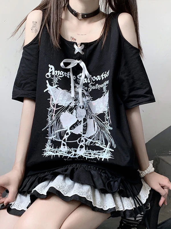 Anime Print Off Shoulder Fairy Grunge T-shirt - 1