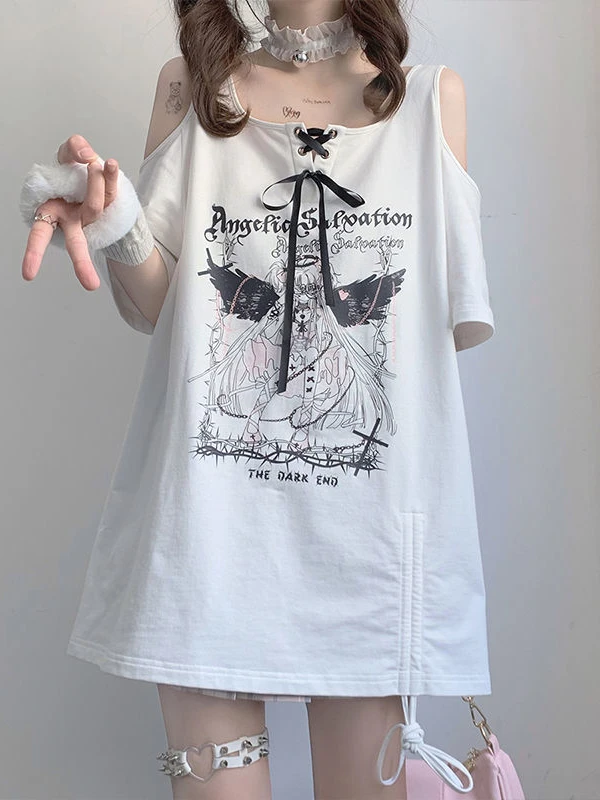 Anime Print Off Shoulder Fairy Grunge T-shirt - 4