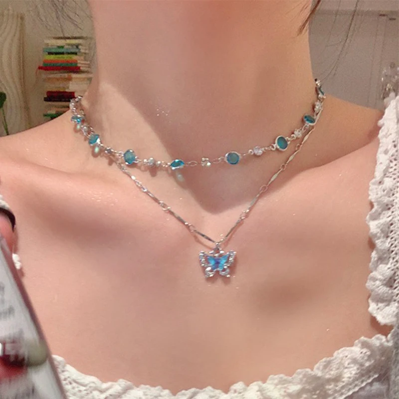 Cute Blue Crystal Butterfly Necklace - 8