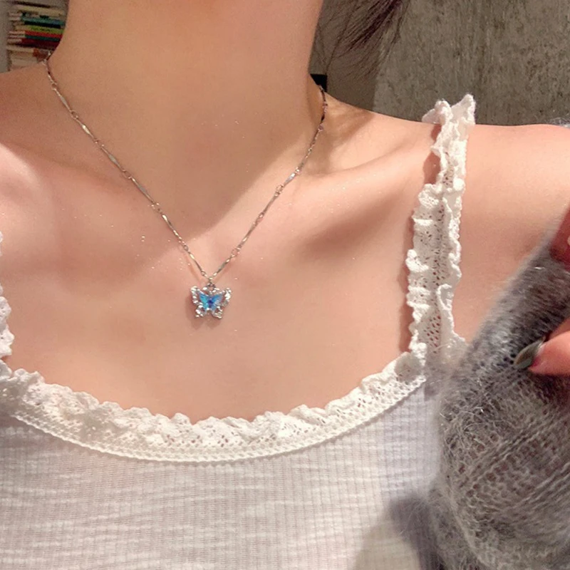 Cute Blue Crystal Butterfly Necklace - 11