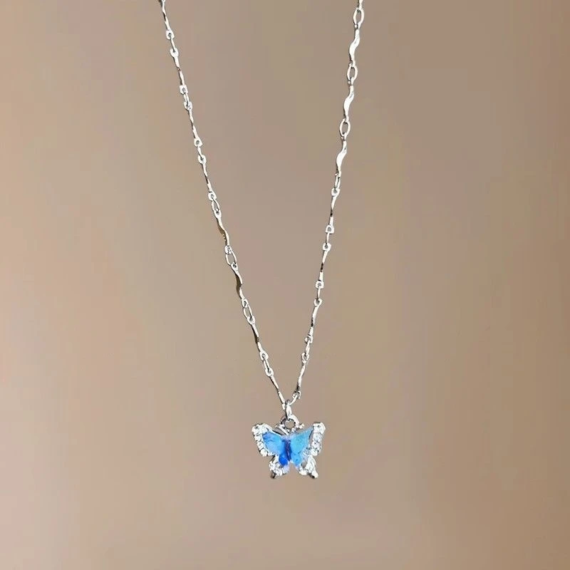 Cute Blue Crystal Butterfly Necklace - 4