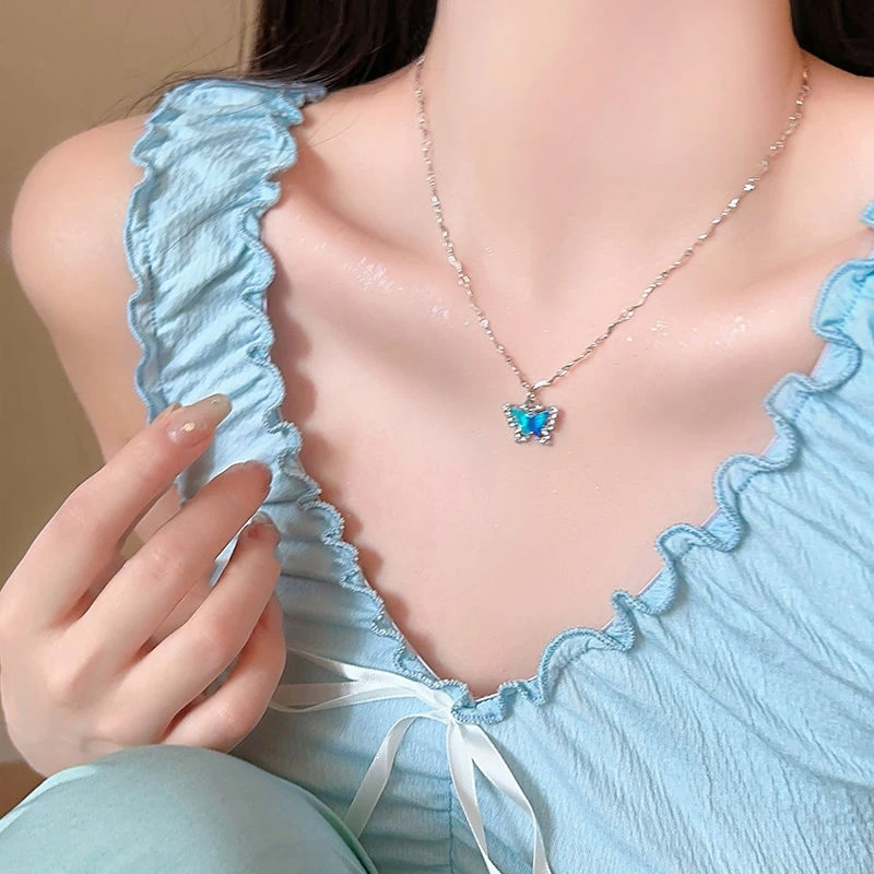 Cute Blue Crystal Butterfly Necklace - 7