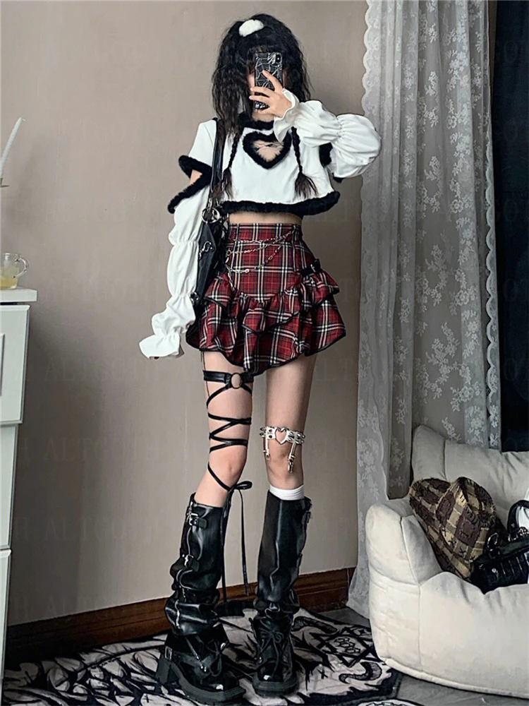 Punk E-girl Red Plaid Skirt - 5