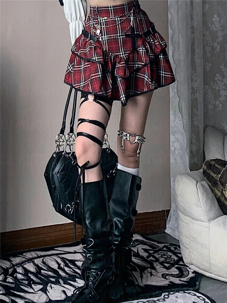 Punk E-girl Red Plaid Skirt - 4