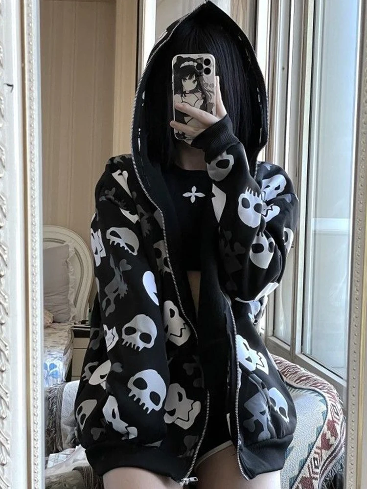 Gothic Hoodie with Skulls Print - 3