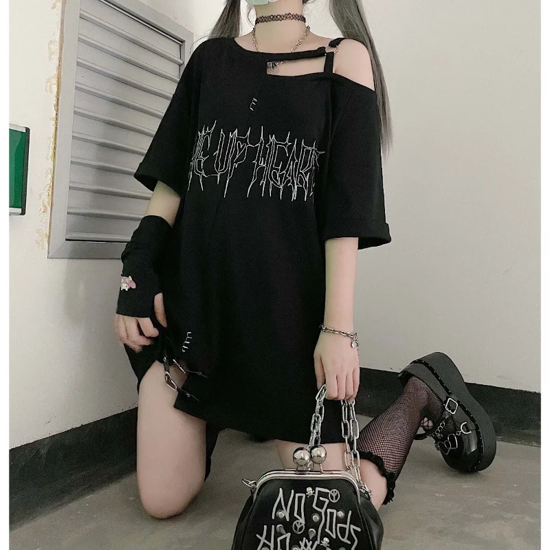 Off Shoulder Harajuku T-shirt with Gothic print - 1